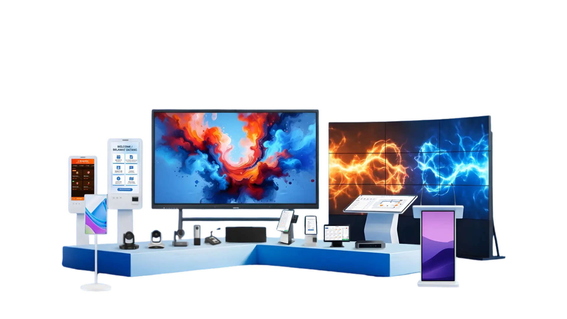 Arvia Smart AV and AI Solutions featuring AI smartboard, LED display, interactive kiosk and smart meeting room technology